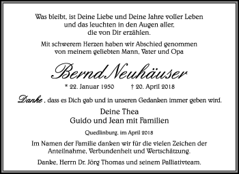 Traueranzeige von Bernd Neuhäuser von Mitteldeutsche Zeitung Quedlinburg
