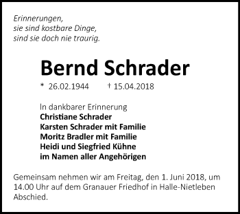 Traueranzeige von Bernd Schrader von Mitteldeutsche Zeitung Halle/Saalkreis