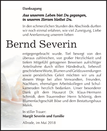 Traueranzeige von Bernd Severin von WVG - Wochenspiegel Quedlinburg