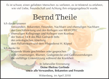 Traueranzeige von Bernd Theile von Super Sonntag Wittenberg