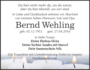 Traueranzeige von Bernd Wehling von WVG - Wochenspiegel Bitterfeld