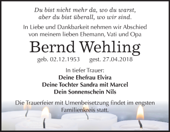 Traueranzeige von Bernd Wehling von Mitteldeutsche Zeitung Bitterfeld