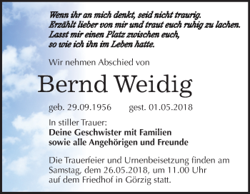 Traueranzeige von Bernd Weidig von Mitteldeutsche Zeitung Köthen