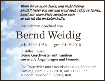 Traueranzeige von Bernd Weidig von WVG - Wochenspiegel Dessau / Köthen