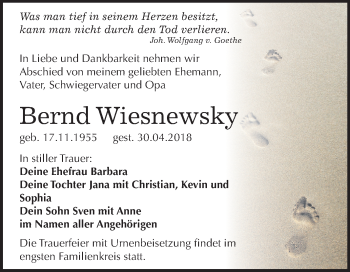 Traueranzeige von Bernd Wiesnewsky von Mitteldeutsche Zeitung Bitterfeld