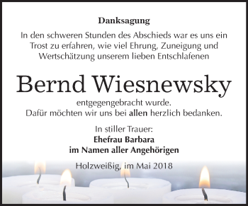 Traueranzeige von Bernd Wiesnewsky von Mitteldeutsche Zeitung Bitterfeld