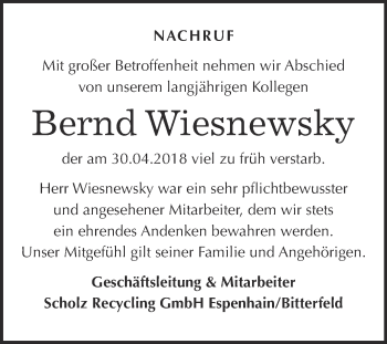 Traueranzeige von Bernd Wiesnewsky von WVG - Wochenspiegel Bitterfeld