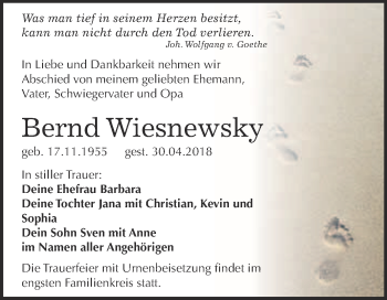 Traueranzeige von Bernd Wiesnewsky von WVG - Wochenspiegel Bitterfeld