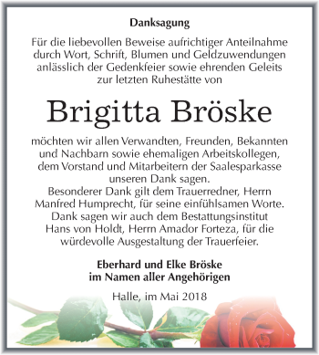 Traueranzeige von Brigitta Bröske von Mitteldeutsche Zeitung Halle/Saalkreis