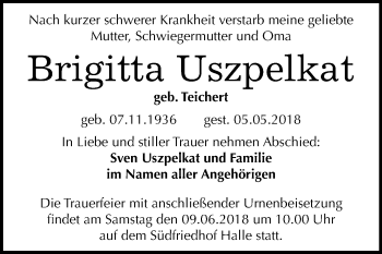 Traueranzeige von Brigitta Uszpelkat von Mitteldeutsche Zeitung Halle/Saalkreis