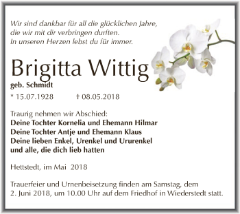 Traueranzeige von Brigitta Wittig von Wochenspiegel Mansfelder Land