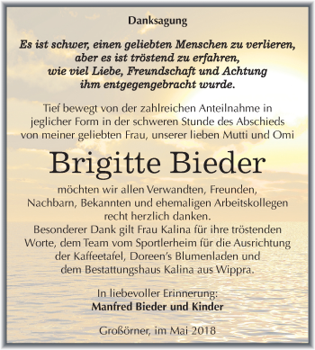 Traueranzeige von Brigitte Bieder von Mitteldeutsche Zeitung