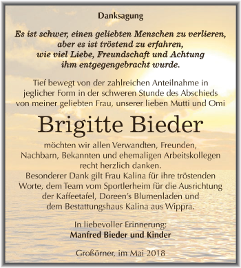Traueranzeige von Brigitte Bieder von Super Sonntag SGH Mansf. Land