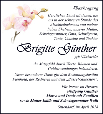 Traueranzeige von Brigitte Günther von Super Sonntag SGH Mansf. Land