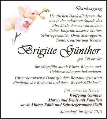 Traueranzeige von Brigitte Günther von Super Sonntag SGH Mansf. Land