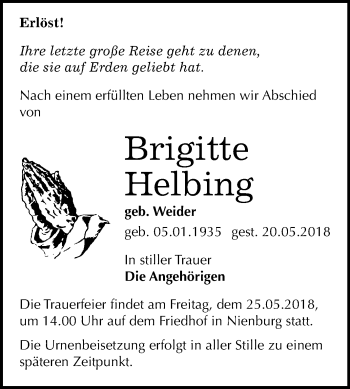 Traueranzeige von Brigitte Helbing von Mitteldeutsche Zeitung Bernburg