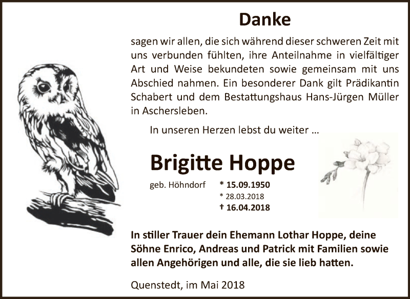  Traueranzeige für Brigitte Hoppe vom 19.05.2018 aus Super Sonntag Aschersleben