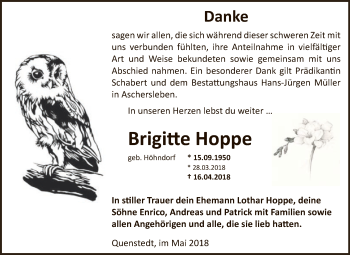 Traueranzeige von Brigitte Hoppe von Super Sonntag Aschersleben