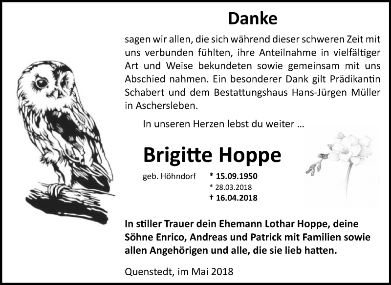  Traueranzeige für Brigitte Hoppe vom 16.05.2018 aus Mitteldeutsche Zeitung