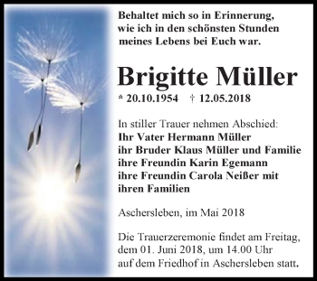Traueranzeige von Brigitte Müller von Mitteldeutsche Zeitung Aschersleben