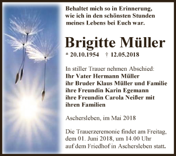 Traueranzeige von Brigitte Müller von Super Sonntag Aschersleben