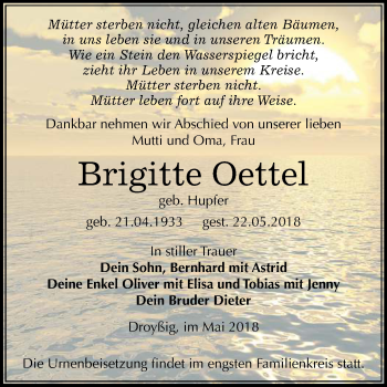 Traueranzeige von Brigitte Oettel von Mitteldeutsche Zeitung Zeitz