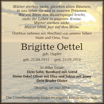 Traueranzeige von Brigitte Oettel von Super Sonntag Zeitz