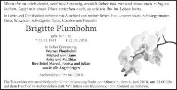 Traueranzeige von Brigitte Plumbohm von Mitteldeutsche Zeitung Aschersleben