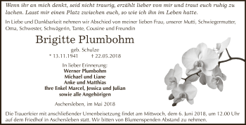 Traueranzeige von Brigitte Plumbohm von Super Sonntag Aschersleben