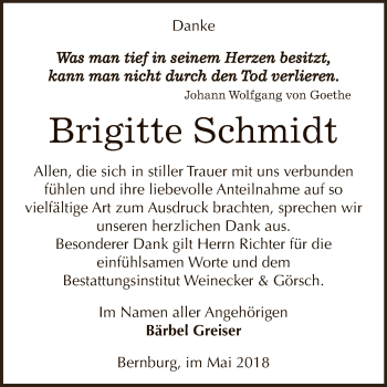 Traueranzeige von Brigitte Schmidt von Super Sonntag Bernburg