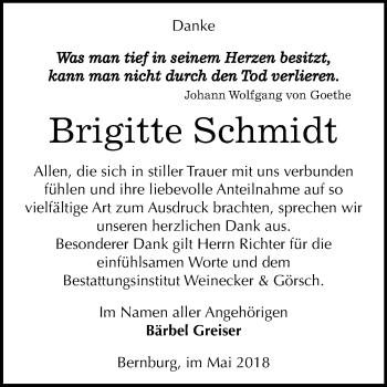 Traueranzeige von Brigitte Schmidt von Mitteldeutsche Zeitung Bernburg
