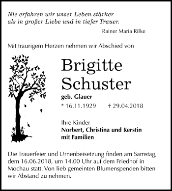 Traueranzeige von Brigitte Schuster von Mitteldeutsche Zeitung