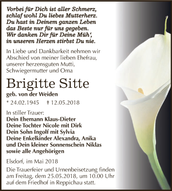 Traueranzeige von Brigitte Sitte von WVG - Wochenspiegel Dessau / Köthen