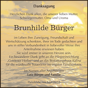 Traueranzeige von Brunhilde Bürger von Super Sonntag SGH Mansf. Land