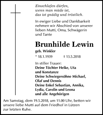 Traueranzeige von Brunhilde Lewin von Mitteldeutsche Zeitung Weißenfels