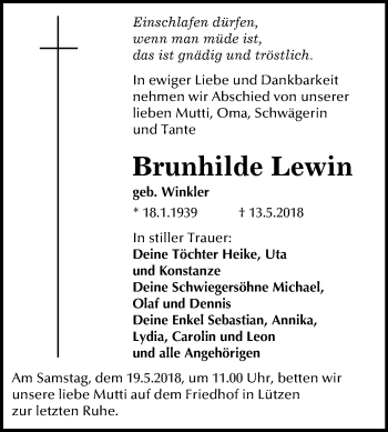 Traueranzeige von Brunhilde Lewin von Mitteldeutsche Zeitung Weißenfels