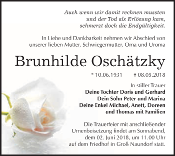 Traueranzeige von Brunhilde Oschätzky von WVG - Wochenspiegel Wittenberg