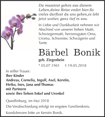Traueranzeige von Bärbel Bonik von Super Sonntag Quedlinburg