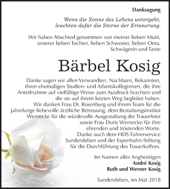 Traueranzeige von Bärbel Kosig von Mitteldeutsche Zeitung