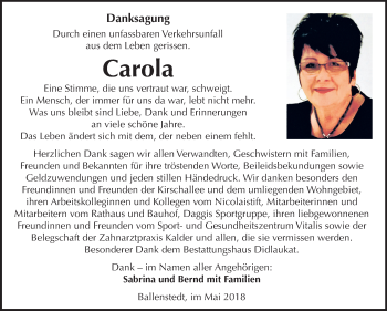 Traueranzeige von Carola  von Mitteldeutsche Zeitung Quedlinburg