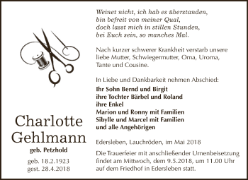 Traueranzeige von Charlotte Gehlmann von Super Sonntag SGH Mansf. Land