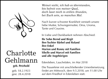 Traueranzeige von Charlotte Gehlmann von Mitteldeutsche Zeitung