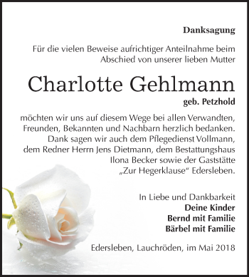 Traueranzeige von Charlotte Gehlmann von Mitteldeutsche Zeitung