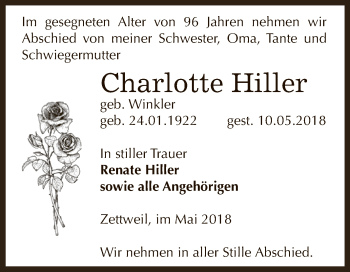 Traueranzeige von Charlotte Hiller von Super Sonntag Zeitz