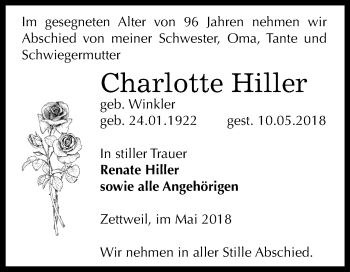 Traueranzeige von Charlotte Hiller von Mitteldeutsche Zeitung Zeitz