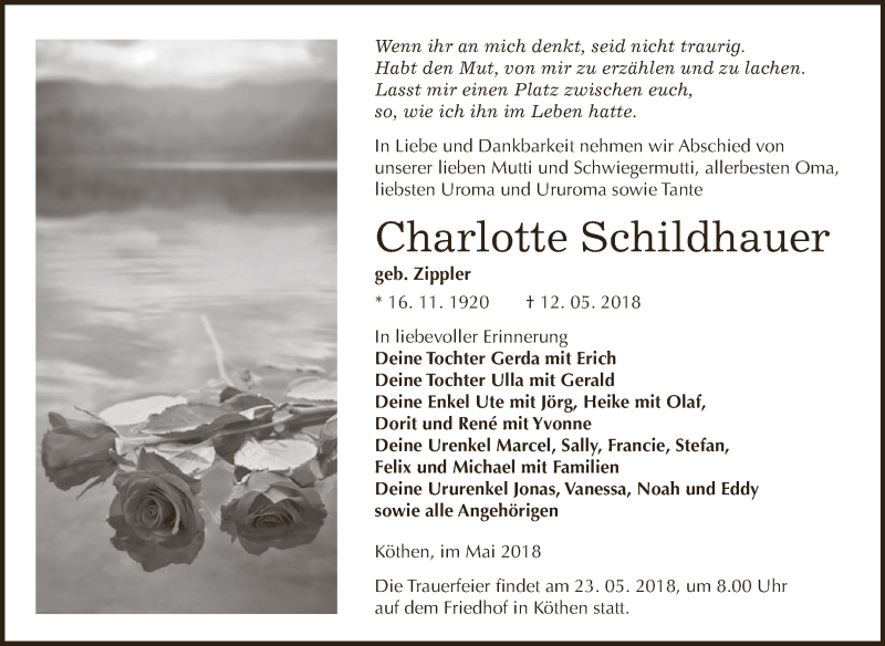  Traueranzeige für Charlotte Schildhauer vom 19.05.2018 aus WVG - Wochenspiegel Dessau / Köthen