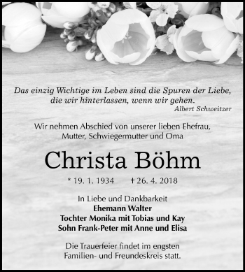 Traueranzeige von Christa Böhm von Mitteldeutsche Zeitung Halle/Saalkreis