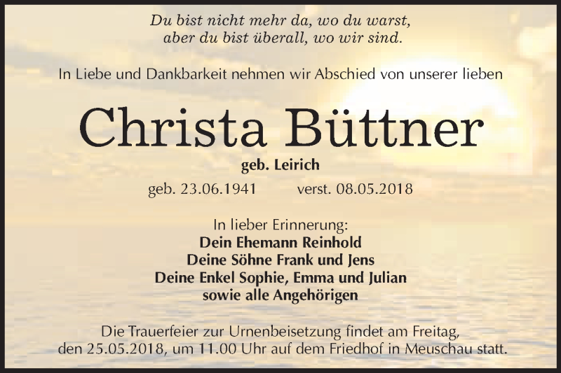  Traueranzeige für Christa Büttner vom 19.05.2018 aus WVG - Wochenspiegel Merseburg