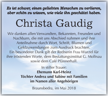Traueranzeige von Christa Gaudig von Mitteldeutsche Zeitung Merseburg/Querfurt