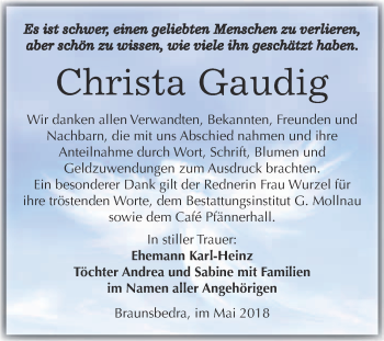 Traueranzeige von Christa Gaudig von WVG - Wochenspiegel Merseburg